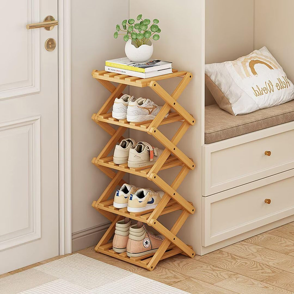 Vertical Shoe Rack Folding 5 Tier, Narrow Shoe Storage Rack, Bamboo Shoe Shel...