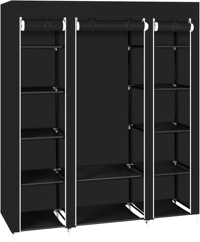 Portable Clothes Closet Wardrobe Storage Organizer with Shelves and Cover for Hanging Clothes, Non-Woven Fabric, Quick and Easy to Assemble, Black
