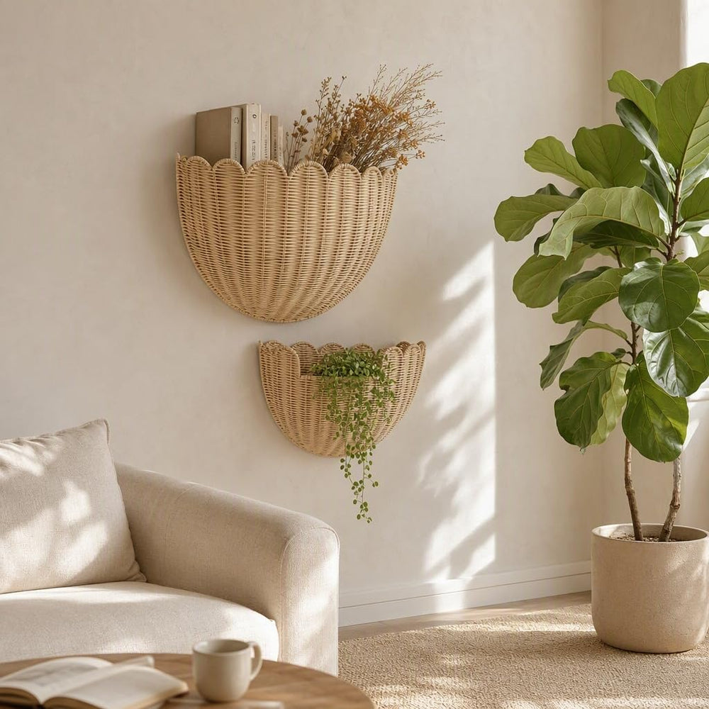 Scalloped Wall Basket Set of 2,Boho Hanging Wicker Wall Baskets