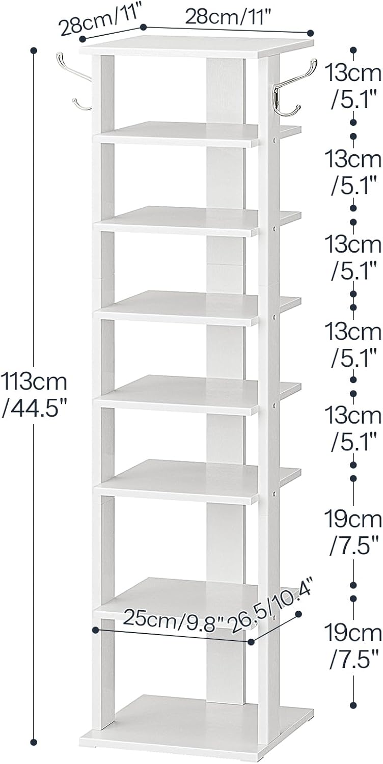 HOOBRO 8 Tiers Vertical Shoe Rack, Wooden Shoe Storage Organizer with Hooks, ...