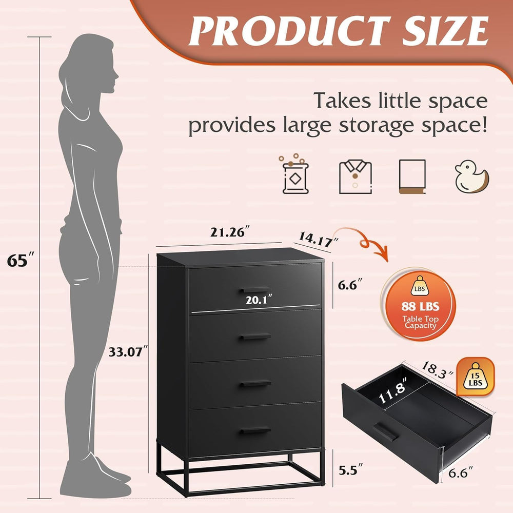 WLIVE Black Dresser for Bedroom with 4 Drawers, Tall Dresser with Sturdy Meta...