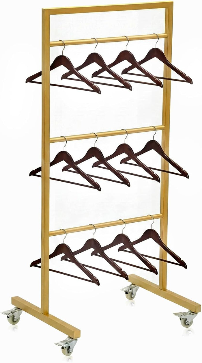 3-Tier Clothing Hanger Rack, 20x16x43 Gold Metal with Casters