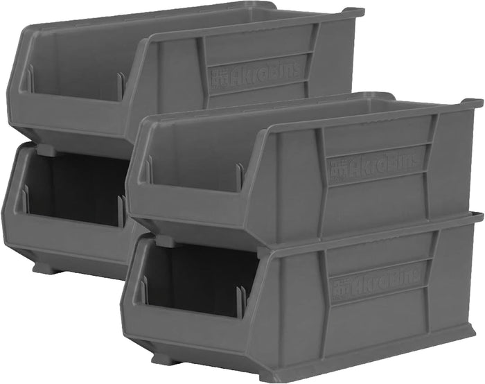 Akro-Mils 30287 Super-Size AkroBins Plastic Storage Bins, Space-Saving Stackable Bins for Garage, Classroom, Warehouse Organization, 24" L x 11" W x 10" H, Grey, 4-Pack