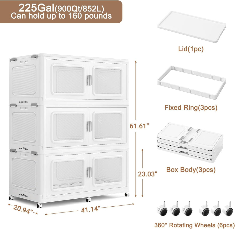 BROVIEW 900 Qt/225 Gal Stackable Storage Bins with Lids, 3 Pack, White