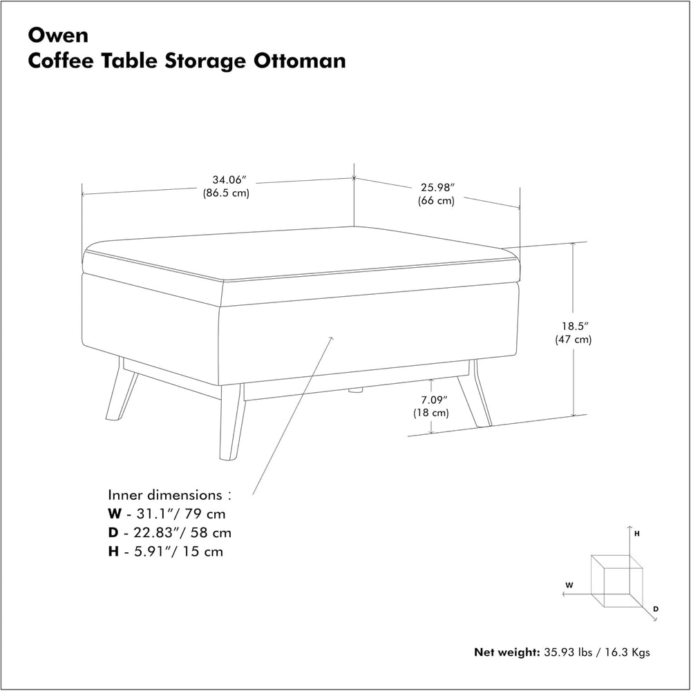 SIMPLIHOME Owen 34" Wide Vegan Leather Rectangle Lift Top Ottoman in Black