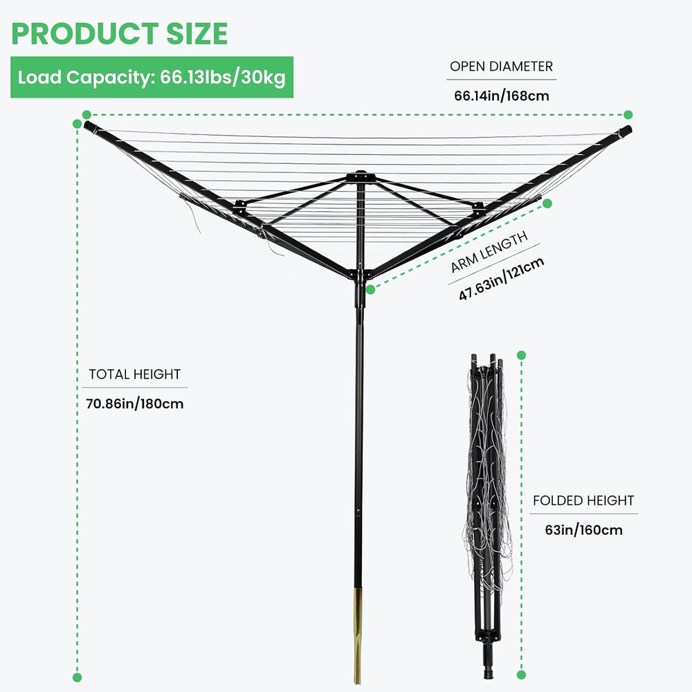 Outdoor Umbrella Drying Rack, 4-Aluminum Arms Folding Rotary Dryer with 12 Li...