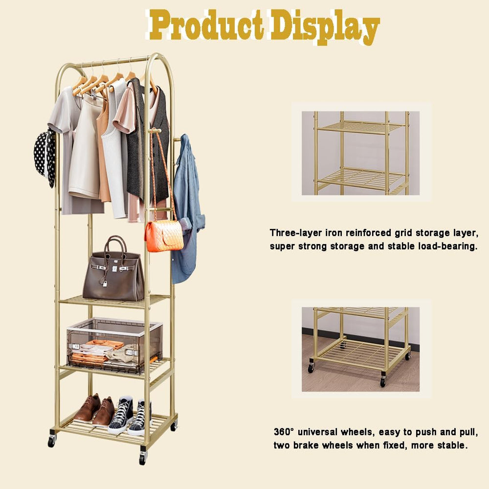 SUOERNUO Clothes Rack Clothing Rack With Wheels and 3 Tier Metal Shelves
