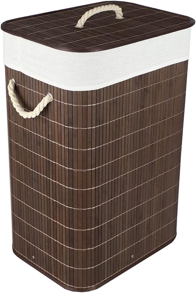 Home Basics Durable Foldable Bamboo Laundry Basket Hamper | Rectangular | Rem...