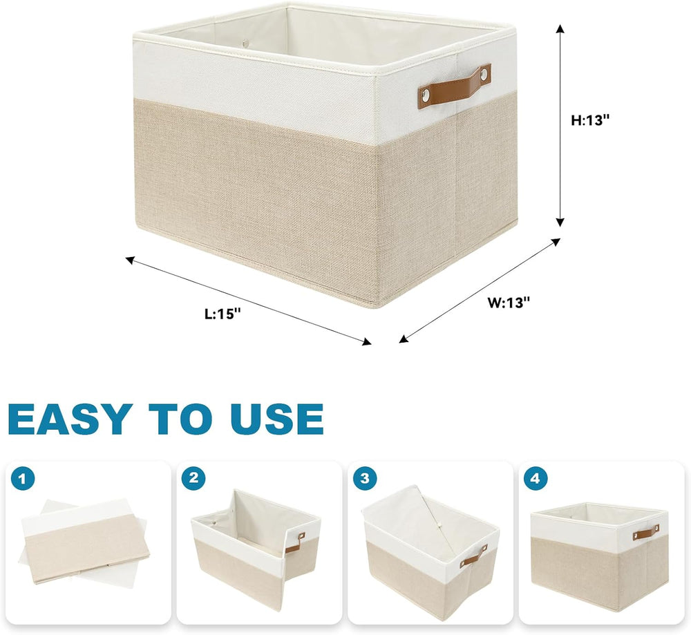 6 Pack Large Fabric Storage Baskets with Handles (White with Beige,15" L...