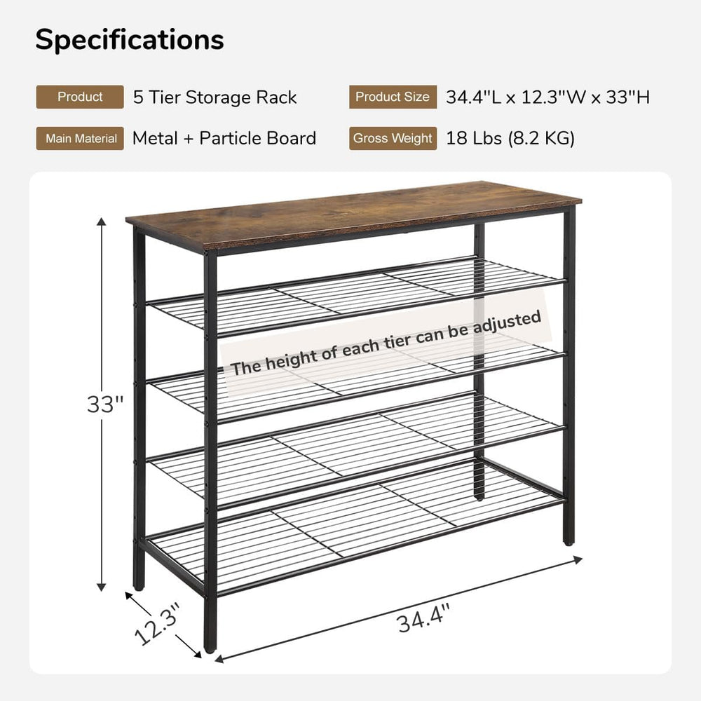 5-Tier Shoe Rack Organizer, Metal Mesh Shoe Storage Shelf, for Entryway, Hall...