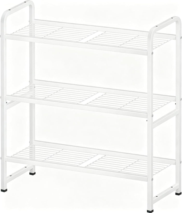 3 Tier Simple Shelf Organizer for Indoor Outdoor, Waterproof Heavy Duty Steel Shelving Unit Plant Stand for Living Room Bathroom Balcony Garden, Easy Assemble, White