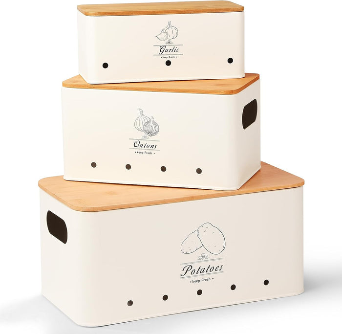 Kitchen Vegetable Storage Tins Set of 3 for Potatoes, Onion, Garlic, Vegetable Storage Containers with Ventilation and Bamboo cover, White metal material, Potato and Onion bin for Pantry