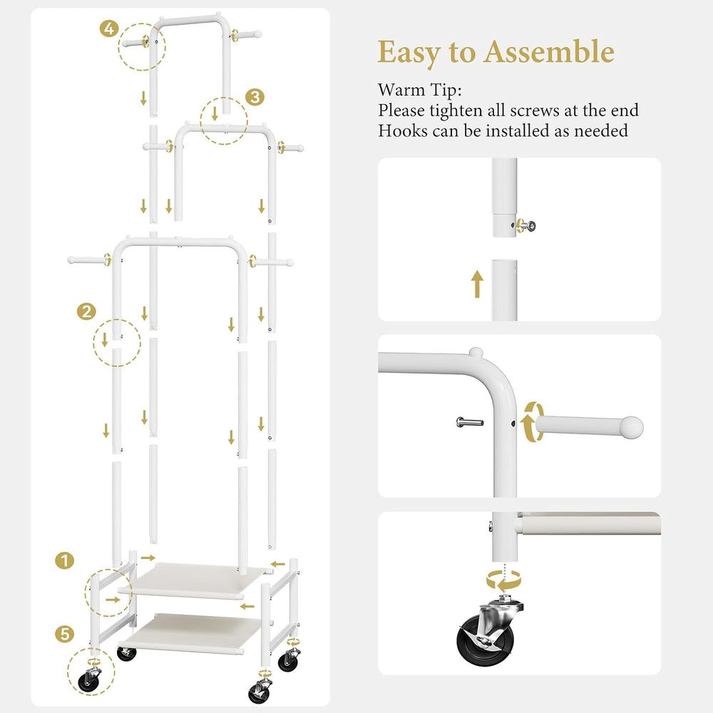 Chrislley Small Clothing Rack With Wheels & 2 Shelves, Narrow Clothes Rack