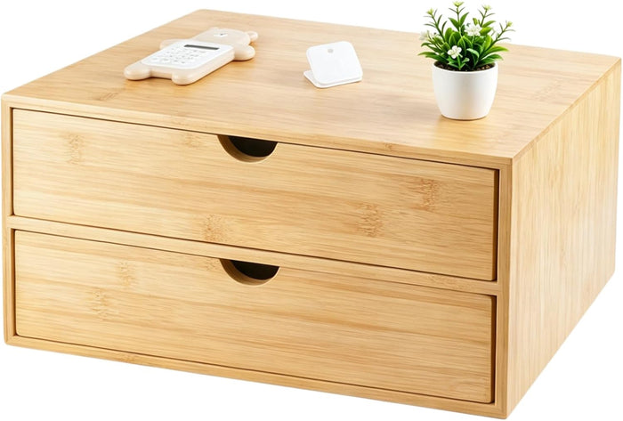 Charmewooden Bamboo Desk Organizer with Drawers, Countertop Organizer with Drawers Makeup Storage Drawer 2 Drawers Tabletop Storage Organization Box Home Office Workspace Bathroom Toiletries Supplies