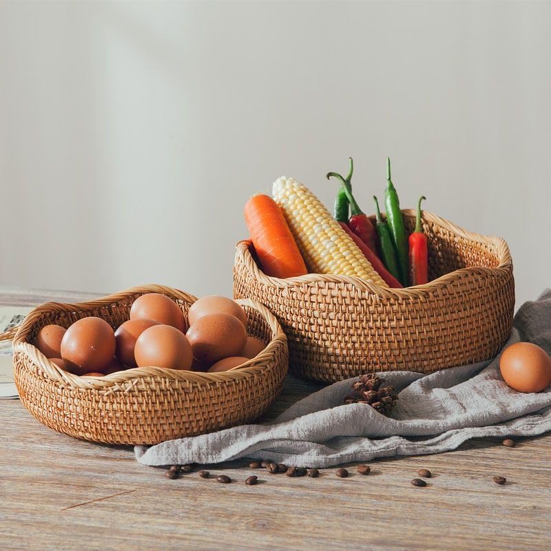 Rattan Bread Basket, Hand Woven Fruit Basket, Wicker Serving Basket Bowl, Dec...