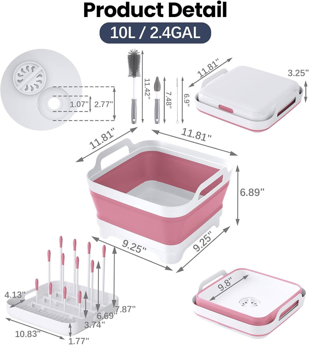 Volnamal Collapsible Wash Basin with Drying Rack & Drain Plug (Pink)