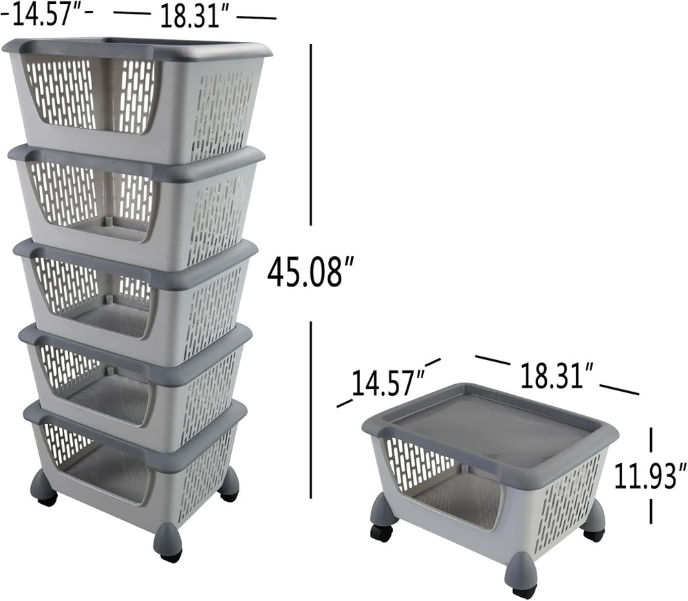 Cand 5-Pack Large Stackable Storage Bins, Plastic Stacking Baskets, Grey