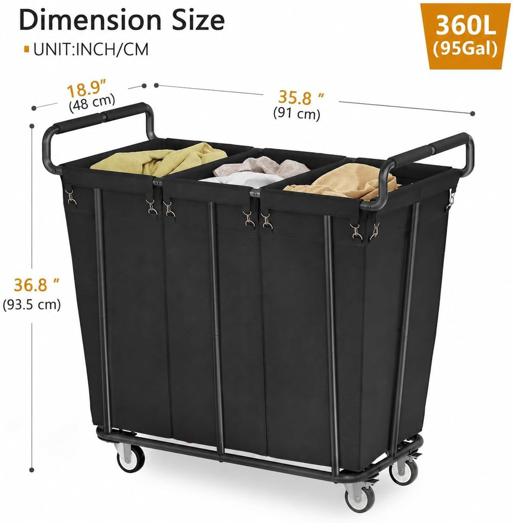 Gewudraw 3 Section Heavy Duty Laundry Sorter Cart with Wheels, 360L, Black