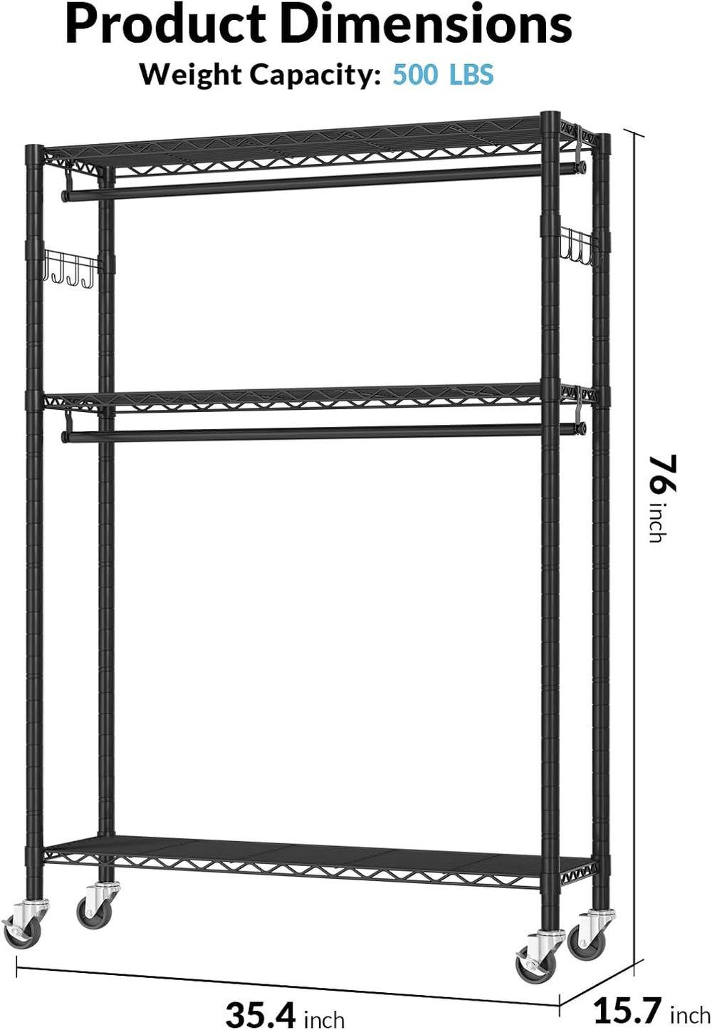 Heavy Duty Rolling Clothes Rack,500LB Small Clothes Rack with Wheels