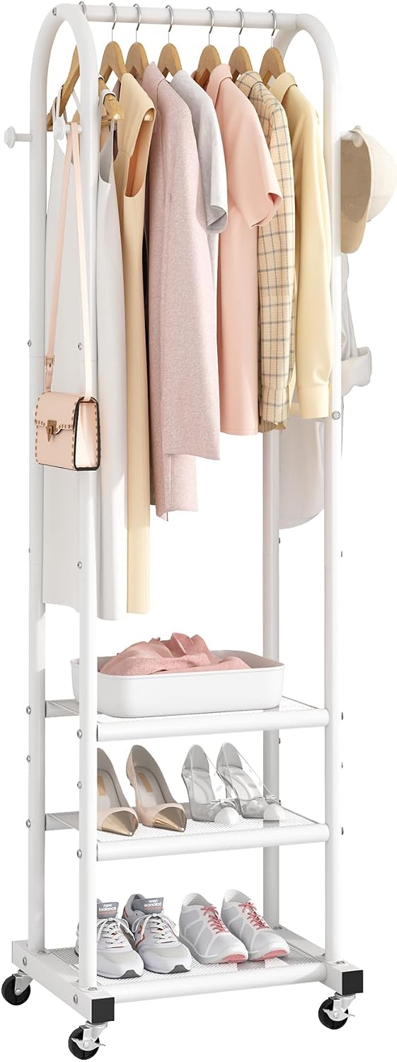 Kaitiemoo Clothing Rack, Mobile Garment Rack with Wheels & 3 Shelves, White