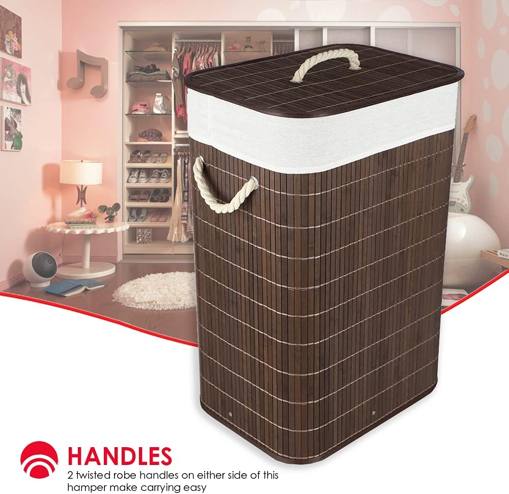 Home Basics Durable Foldable Bamboo Laundry Basket Hamper | Rectangular | Rem...