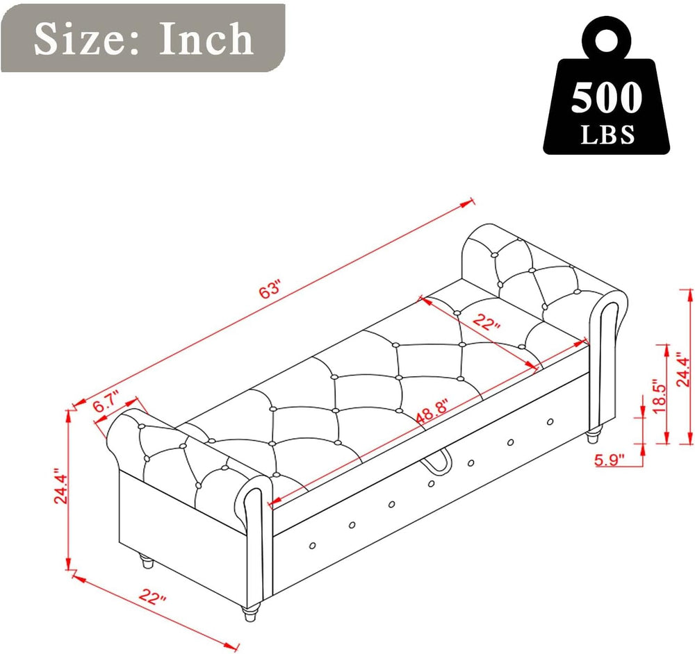 Tomkate Fabric Armed Storage Bench, 63" Tufted Storage Bench for Bedroom...