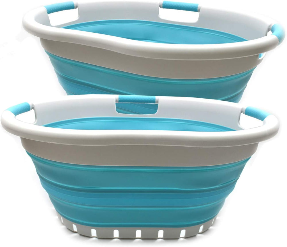 SAMMART 36L Set of 2 Collapsible 3 Handled Plastic Laundry Basket-Foldable Po...