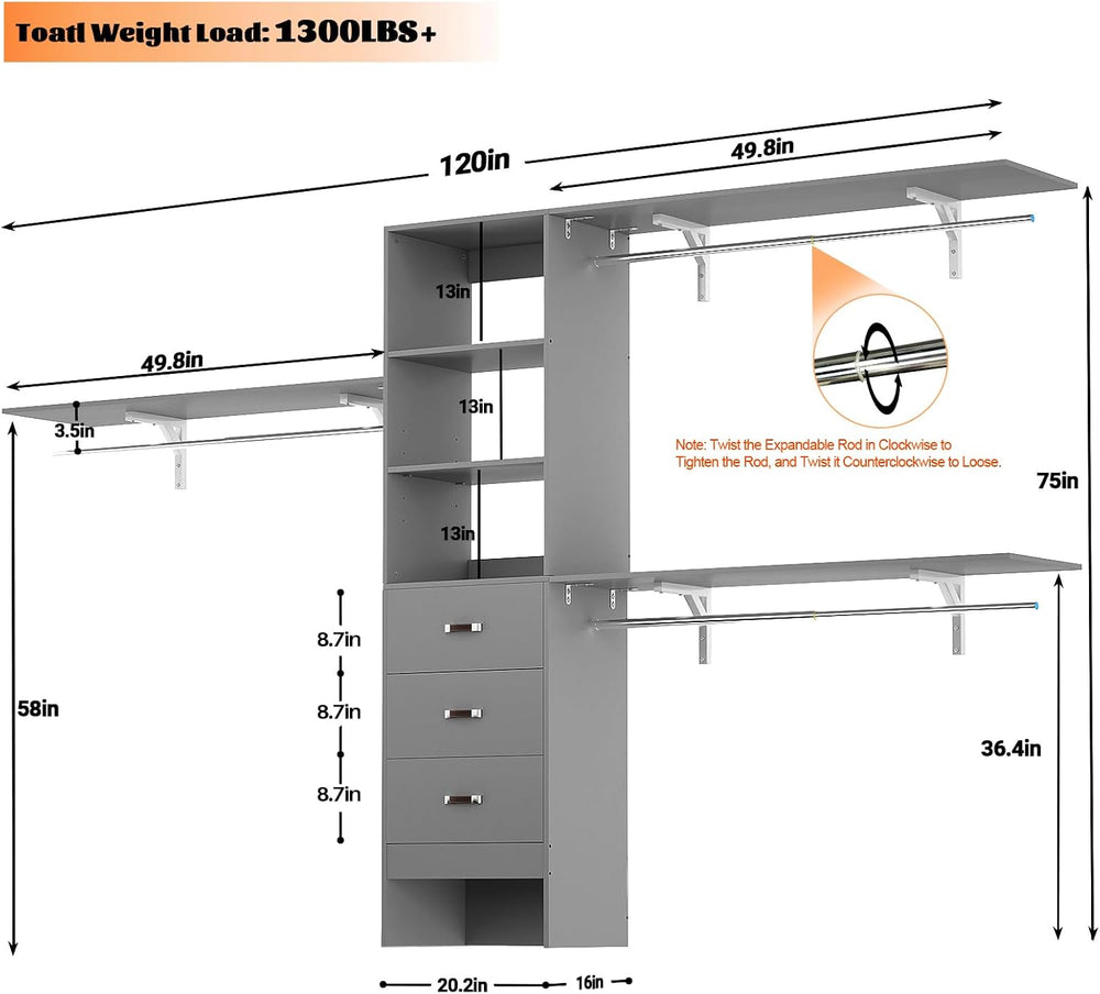 Armocity 120 Inches Closet System, 10FT Walk In Closet Organizer with 3 Shelv...