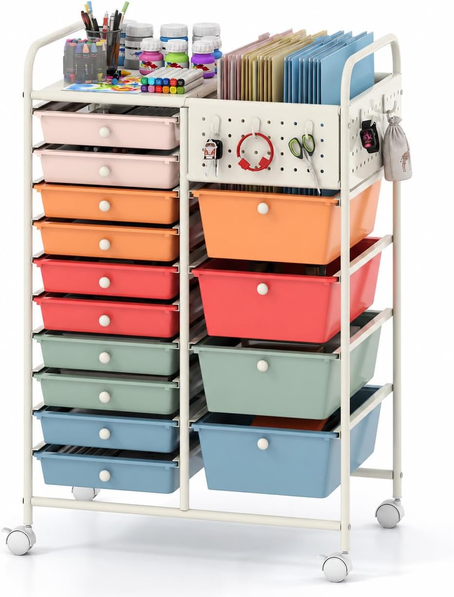 Giantex 14 Drawer Storage Cart, Rolling Craft Cart with Metal Tabletop & ...