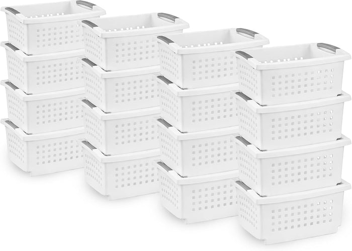 Sterilite 16 Pack Medium Stacking Basket, Open Top Storage Bin with Handles, White - Ideal for Home Closets, Kitchens, or Office Organization