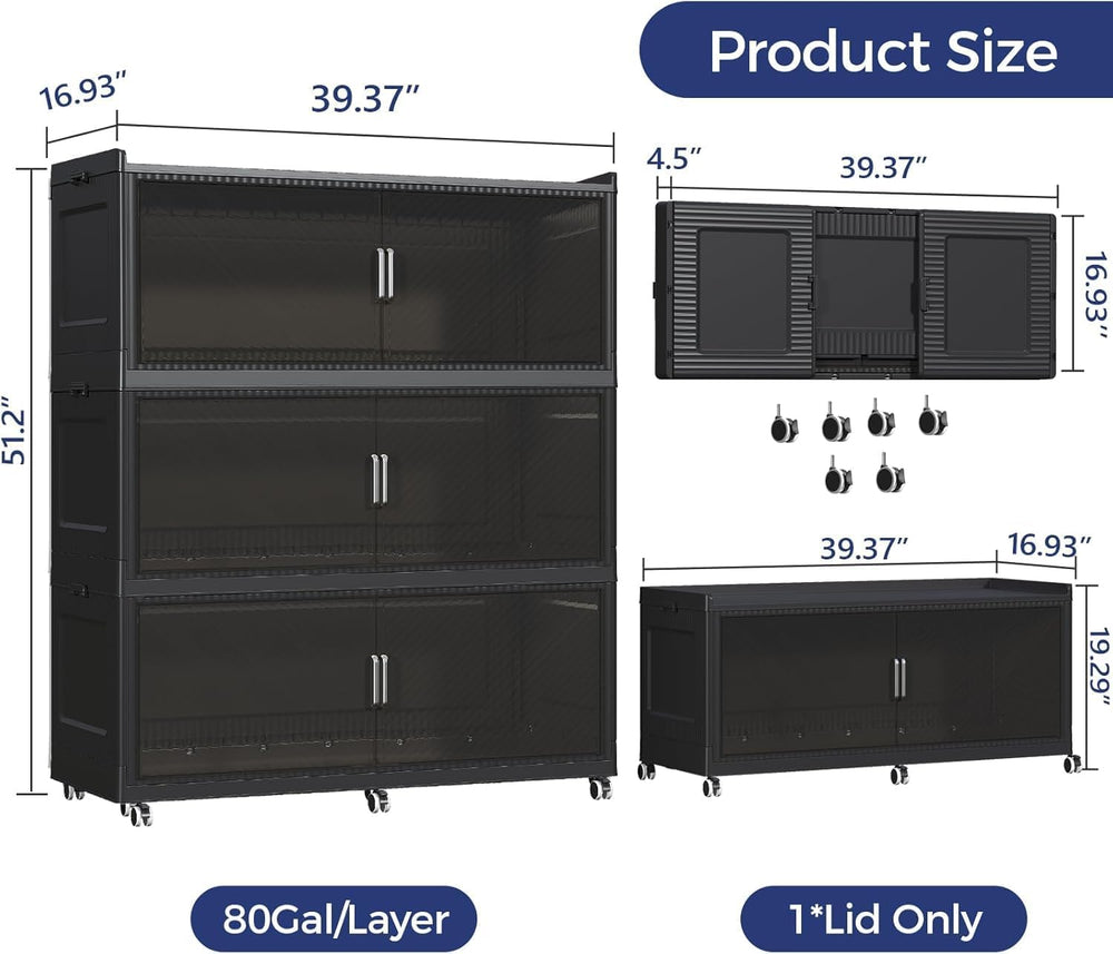 720QT Storage Bins with Lid, 240Gal 3-Tier Extra Large Stackable Closet Organ...