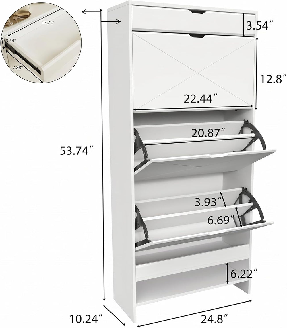 Slim White Shoe Cabinet with 3 Flip Drawers & X-Design for Entryway