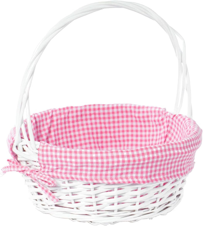 212 Main 13.5 x 15.25 in. Round Willow Gift Basket with Pink Gingham Liner & Handle White - Medium