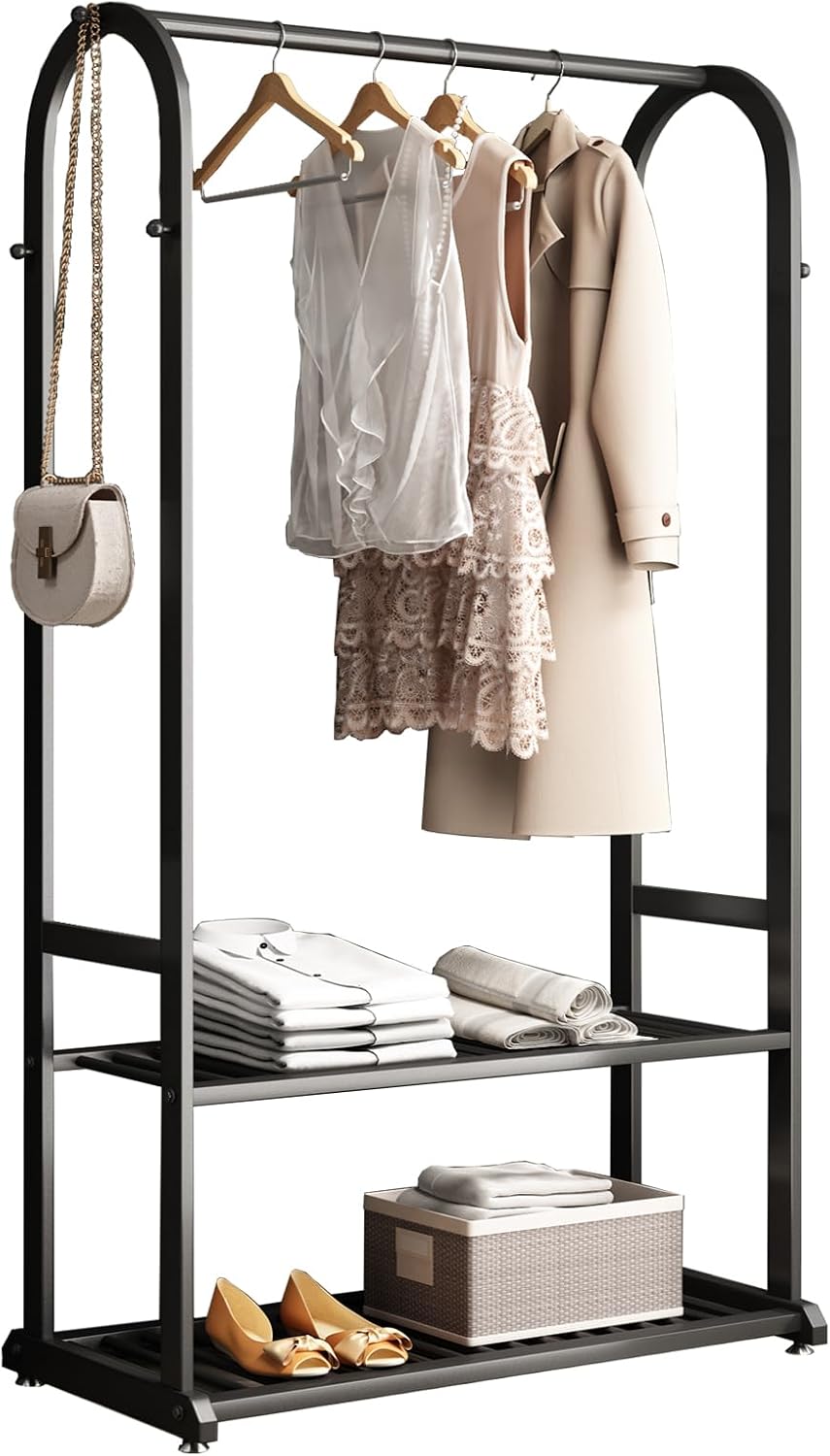 Freestanding Clothing Rack,Metal Garment Rack with Bottom Shelves and 6 Side ...