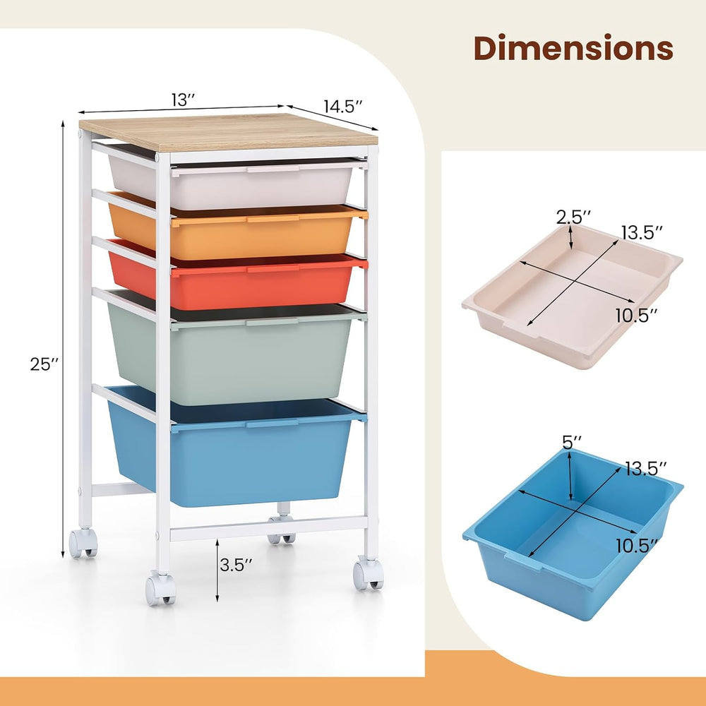 Giantex Rolling Storage Cart with 5 Drawers, Utility Cart w/Wooden Tabletop, ...