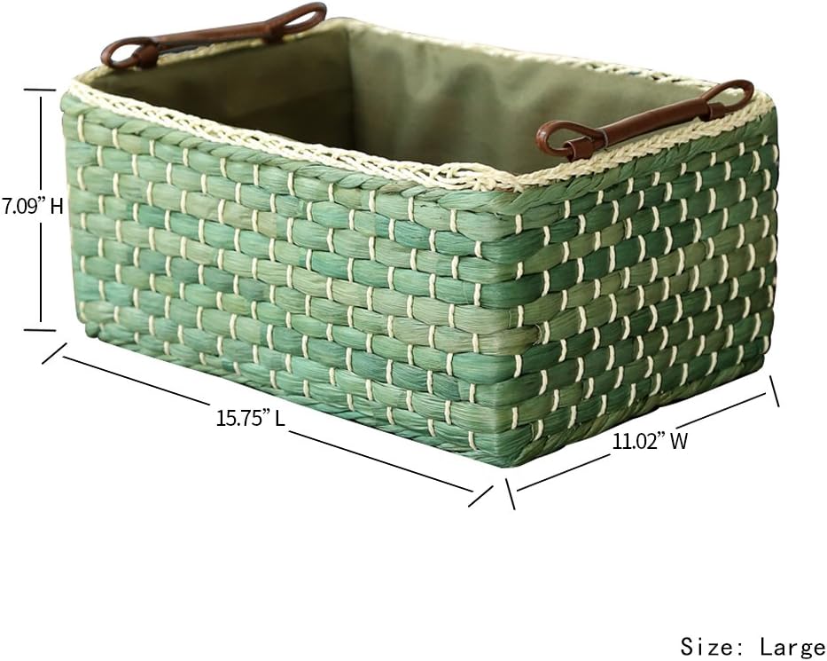 KINGWILLOW Basket Woven Maize Storage Bins for Drawers (Green,Large)