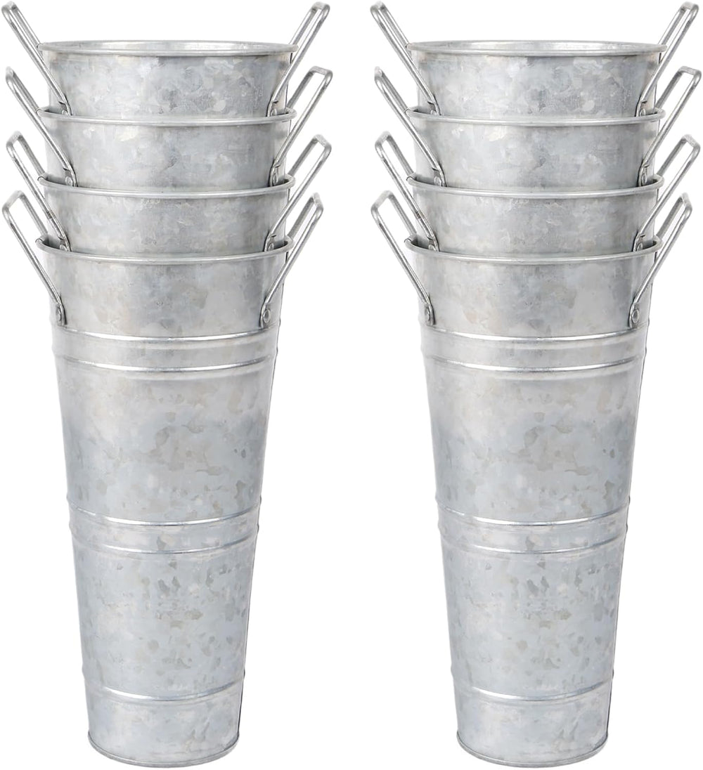 Small Galvanized Flower Buckets, 8 Pack, 10 in Tall, Silver