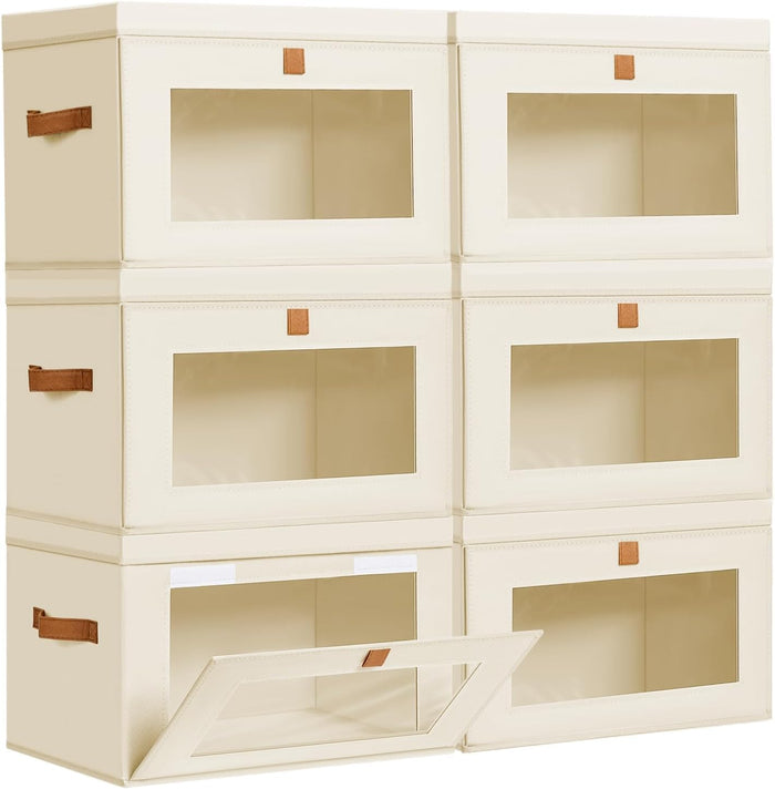 DIMJ Storage Bins with Lids - 6 Pack Fabric Closet Organizer with Window & Handles, Collapsible Decorative Storage Boxes for Shelves Under Bed, Books Clothes Blankets Sweaters Organization