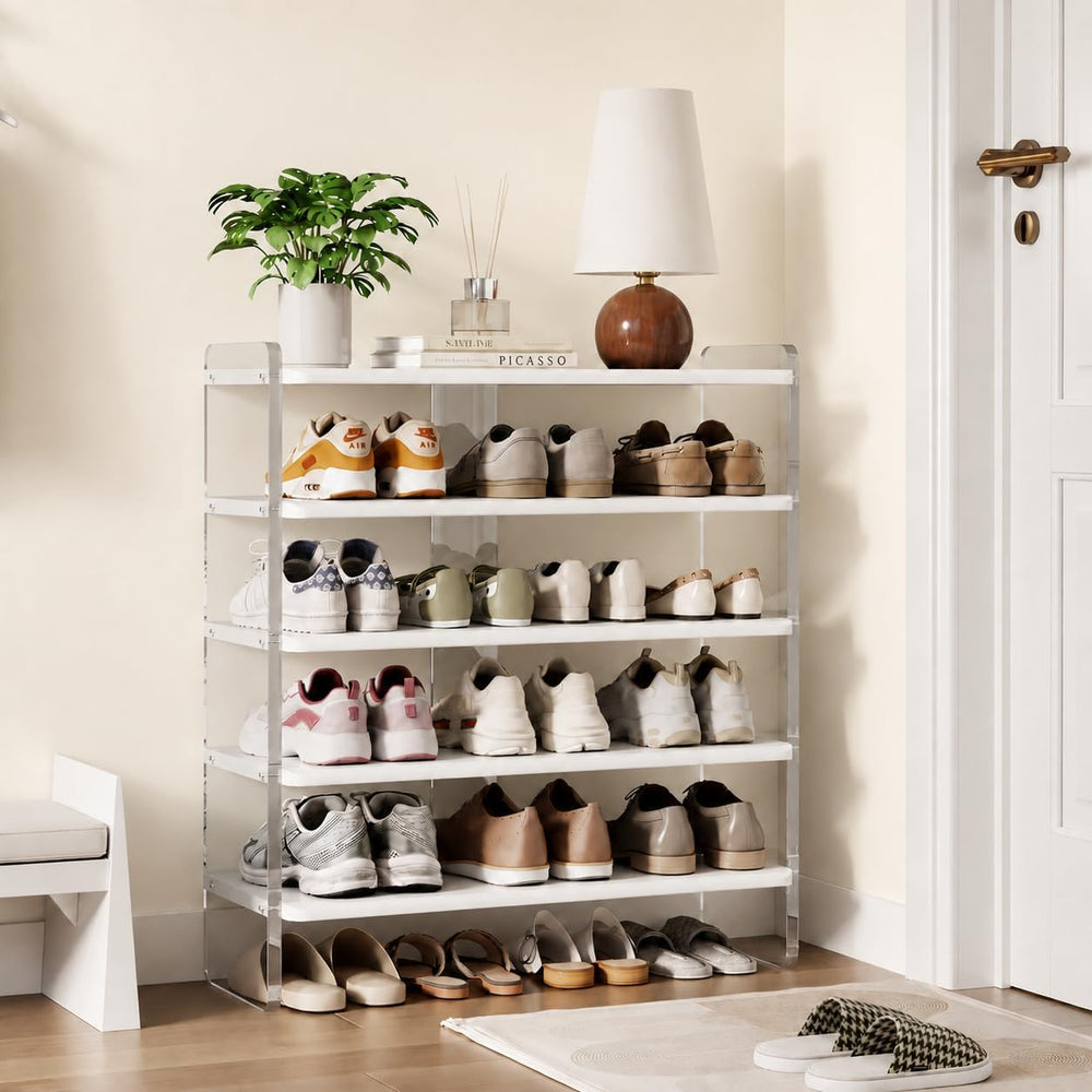 5-Tier Shoe Rack, Wood Acrylic Shoe Shelf, White, 29" W