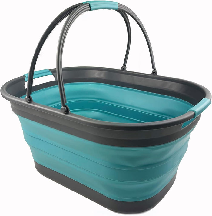 SAMMART 38L (10 Gallons) Collapsible Plastic Laundry Basket - Foldable Storage Container/Organizer - Portable Washing Tub - Space Saving Laundry Hamper (Grey/Crystal Blue)