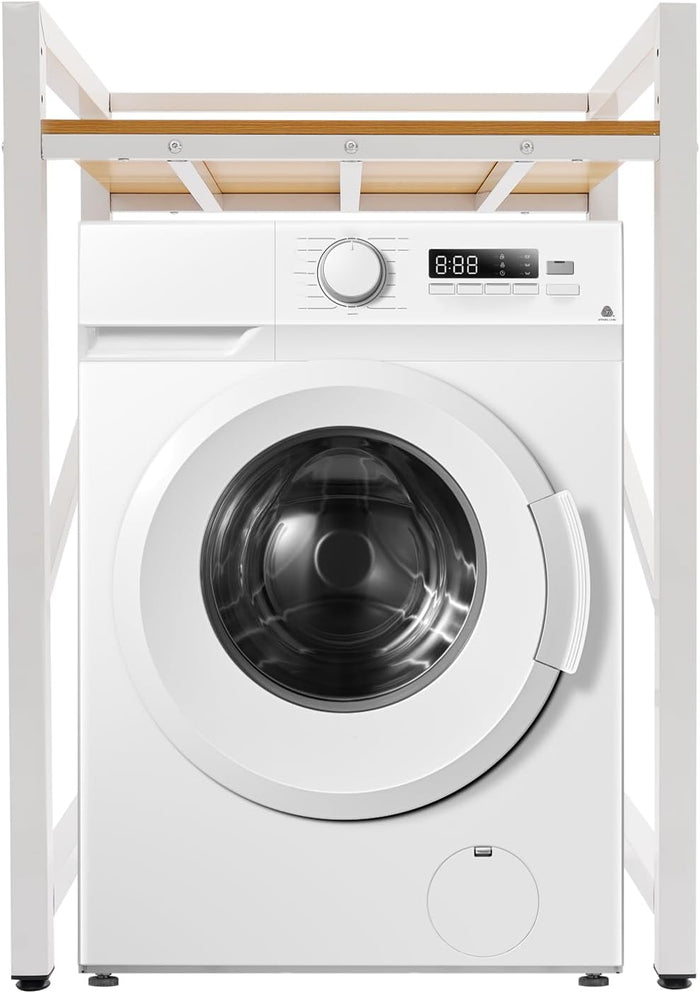 Dryer Stand, Heavy Duty Washing Machine Shelf with Top Guardrail Adjustable Height Shelves High Bearing Capacity & Anti-Slip Adjustable Feet Metal Washer Shelf for Bathrooms Laundry Rooms (White)
