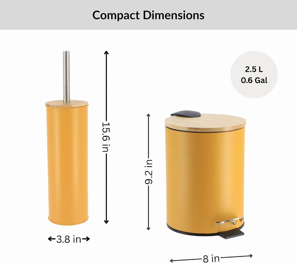 Mustard Yellow Bathroom Set w/Bamboo Lid, Metal Trash Can & Toilet Brush