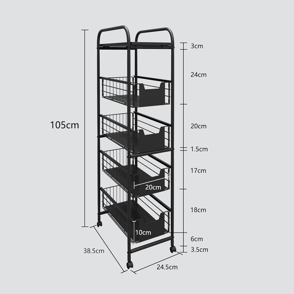 WHIFEA 5 Tier Slim Rolling Cart with Pull-Out Drawers, Multi-Layer Narrow Sto...