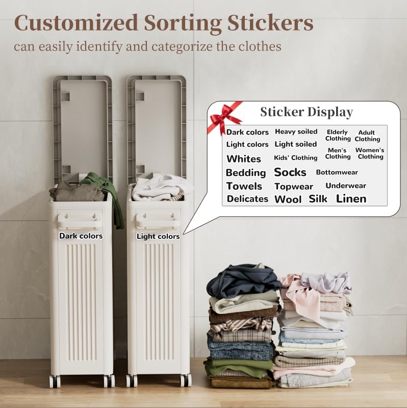 Slim Laundry Hamper with Lid 50L Rolling Basket