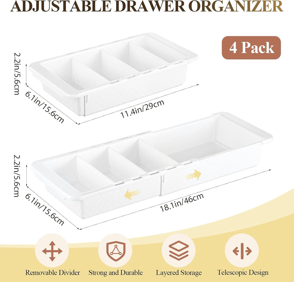 Expandable Deep Drawer Organizer Bins for Desk, White, 4 Pcs
