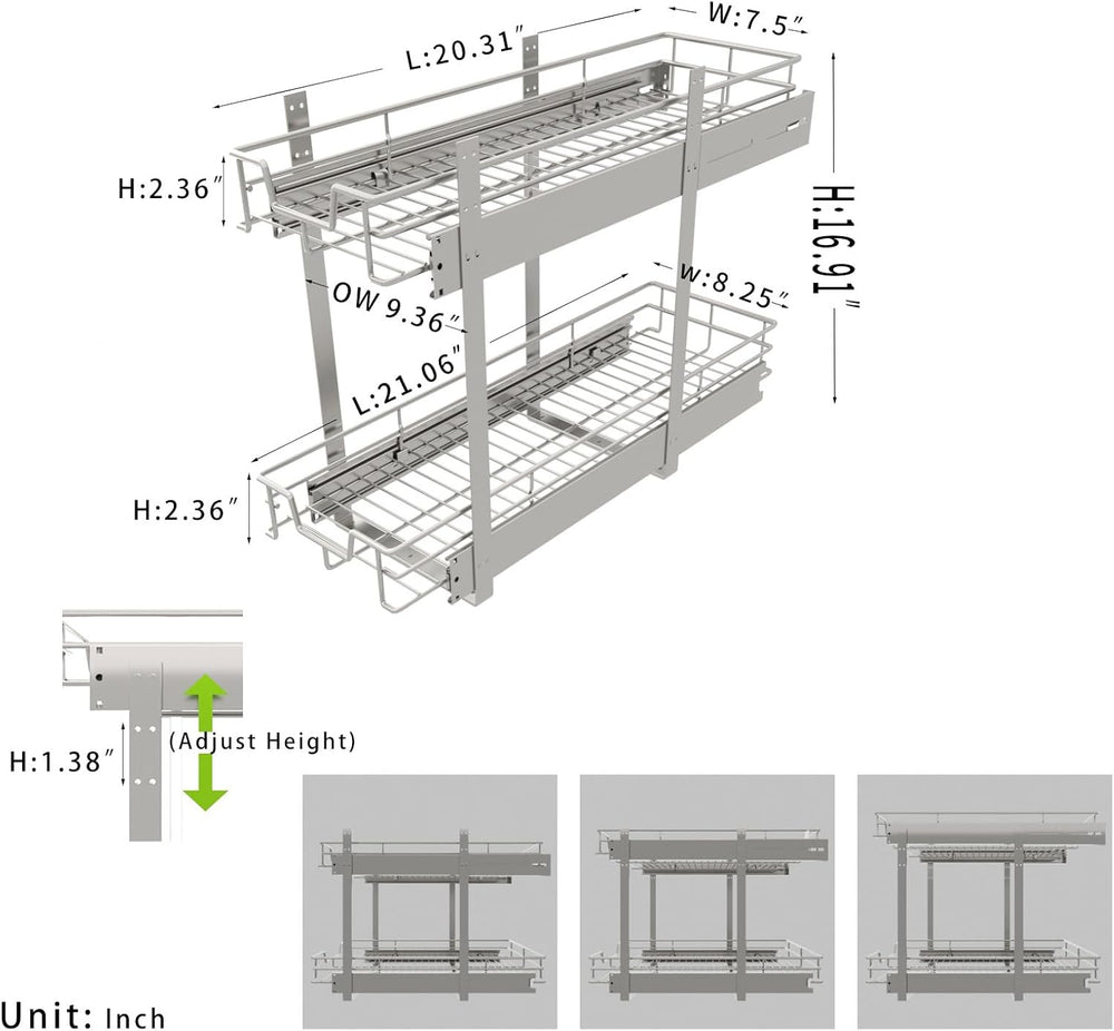 EZKAZA Pull Out Cabinet Organizer 9.5" W x 21" D, 2-Tier Kitchen Ca...