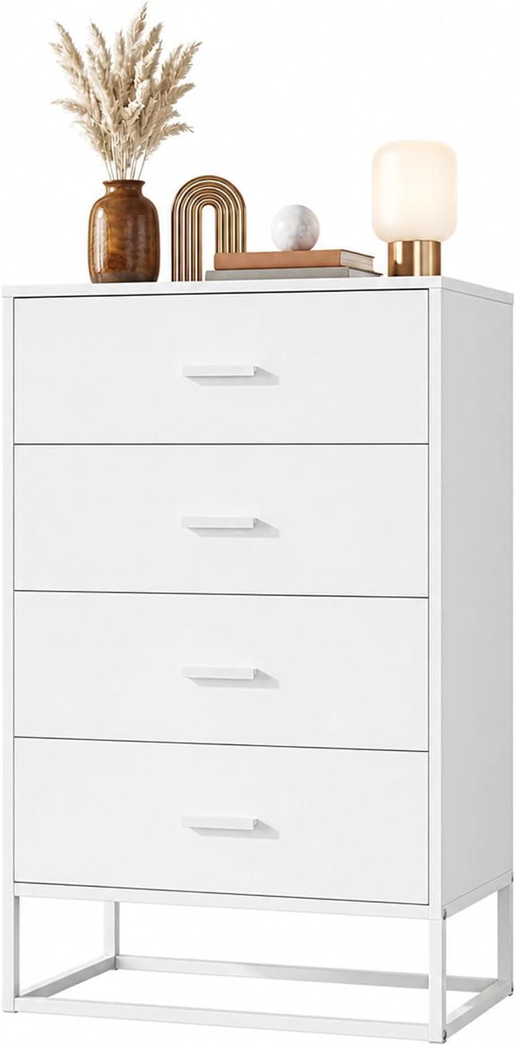 White Dresser for Bedroom with 4 Drawers, Tall Wooden Chest of Drawers with S...