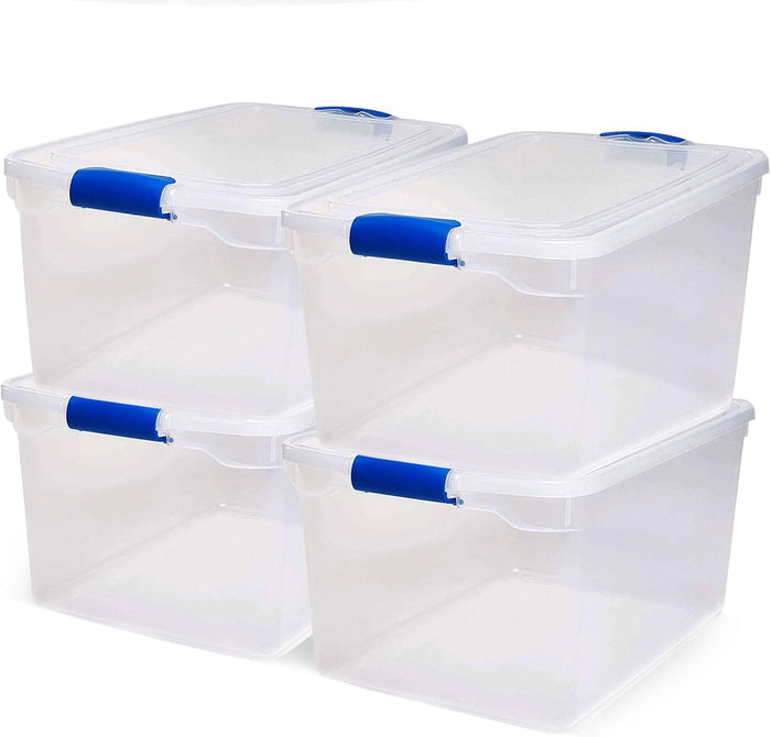 HOMZ Secure Latch, Clear Plastic Storage Organizer Bins, 66 Quart, 4 Pack