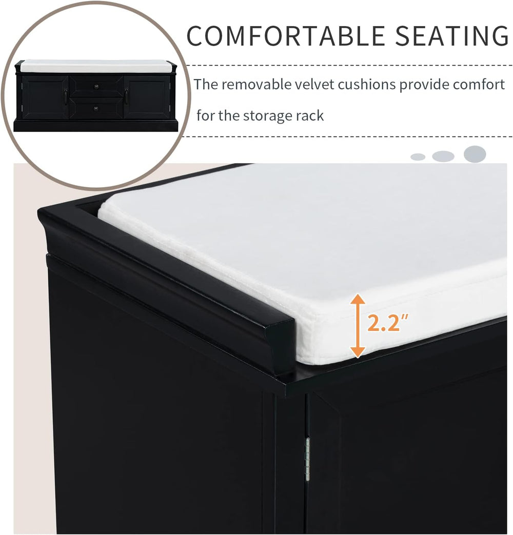 Knocbel 42.5" Storage Bench with Removable Cushion, 2 Drawers and 2 Cabi...