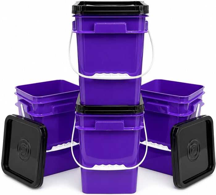 House Naturals 4 Gallon Square Food Grade Bucket Pail with Lid (Pack of 4) Made in USA containers (Purple - Black lids)